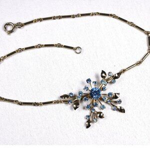 1950s starburst ice blue rhinestone necklace Germany, mid century modern costume